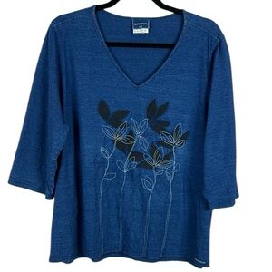 Blue Willi's Floral Embroidered Casual Cotton V Neck 3/4 Sleeves Top XXL Blue
